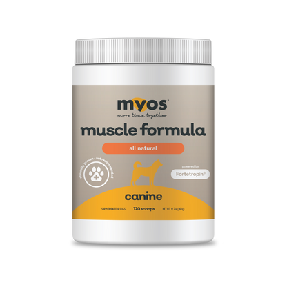 a white canister of Myos Canine Muscle Formular Supplement