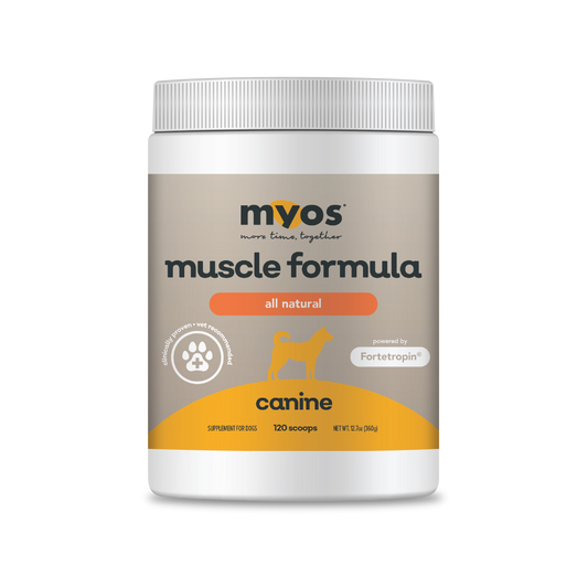 a white canister of Myos Canine Muscle Formular Supplement