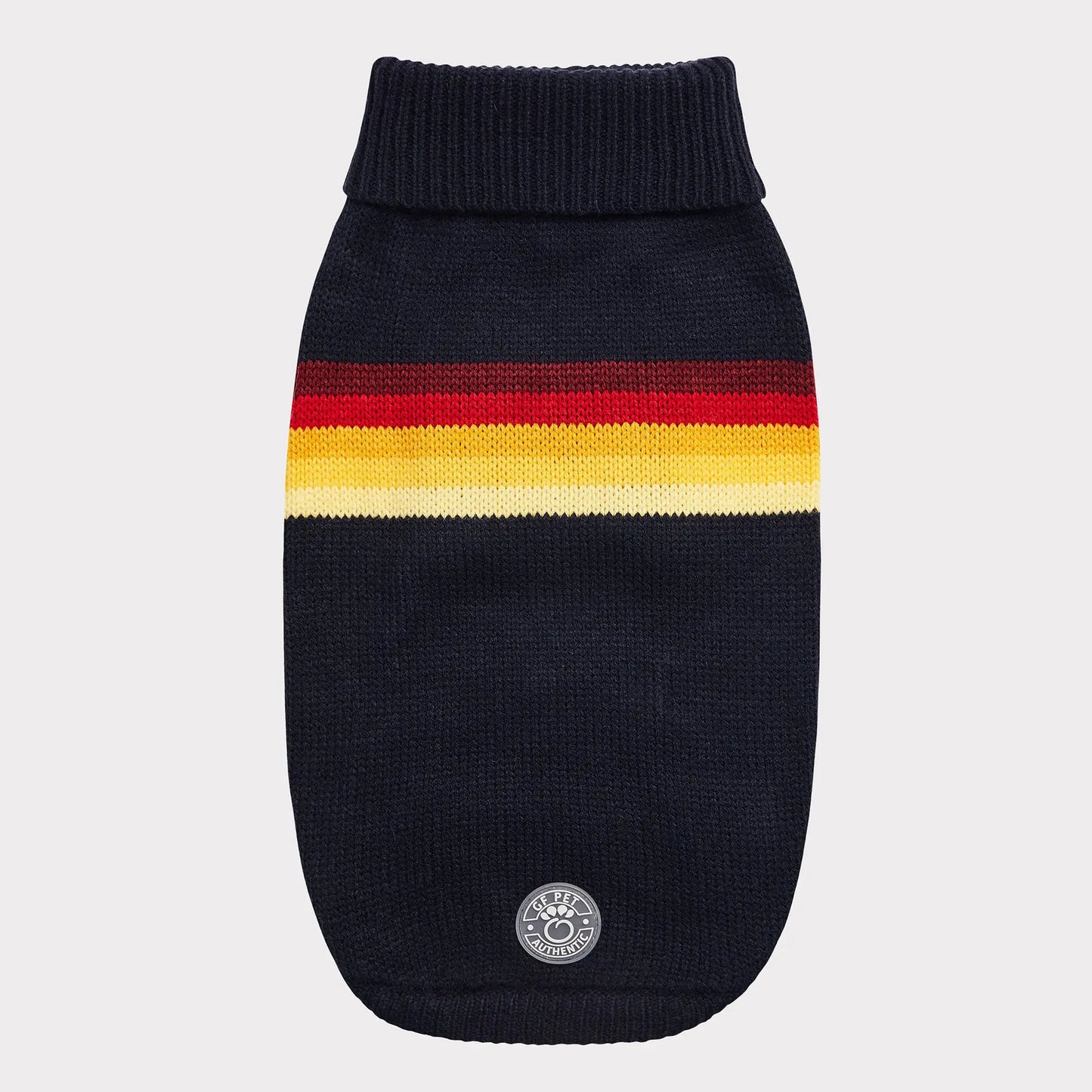 top view of a dark navy turtleneck dog sweater with stripes of maroon, ivory, red, gold and yellow