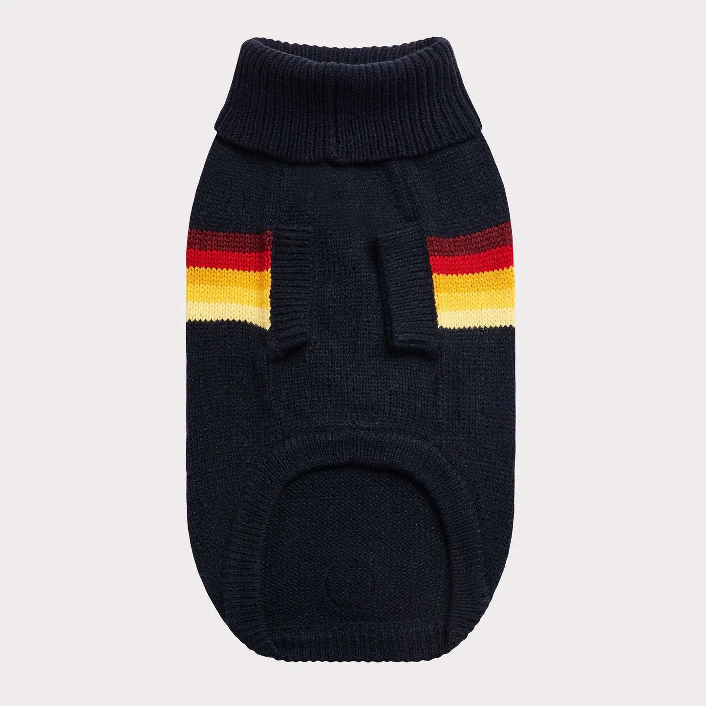 underside view of a dark navy turtleneck dog sweater with stripes of maroon, ivory, red, gold and yellow