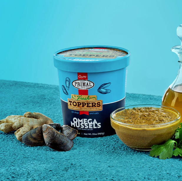 A blue container of mussel dog food topper beside a bowl of topper, a bottle of oil, some parsley, a bulb of ginger and some mussels in the shell, against a bleu background