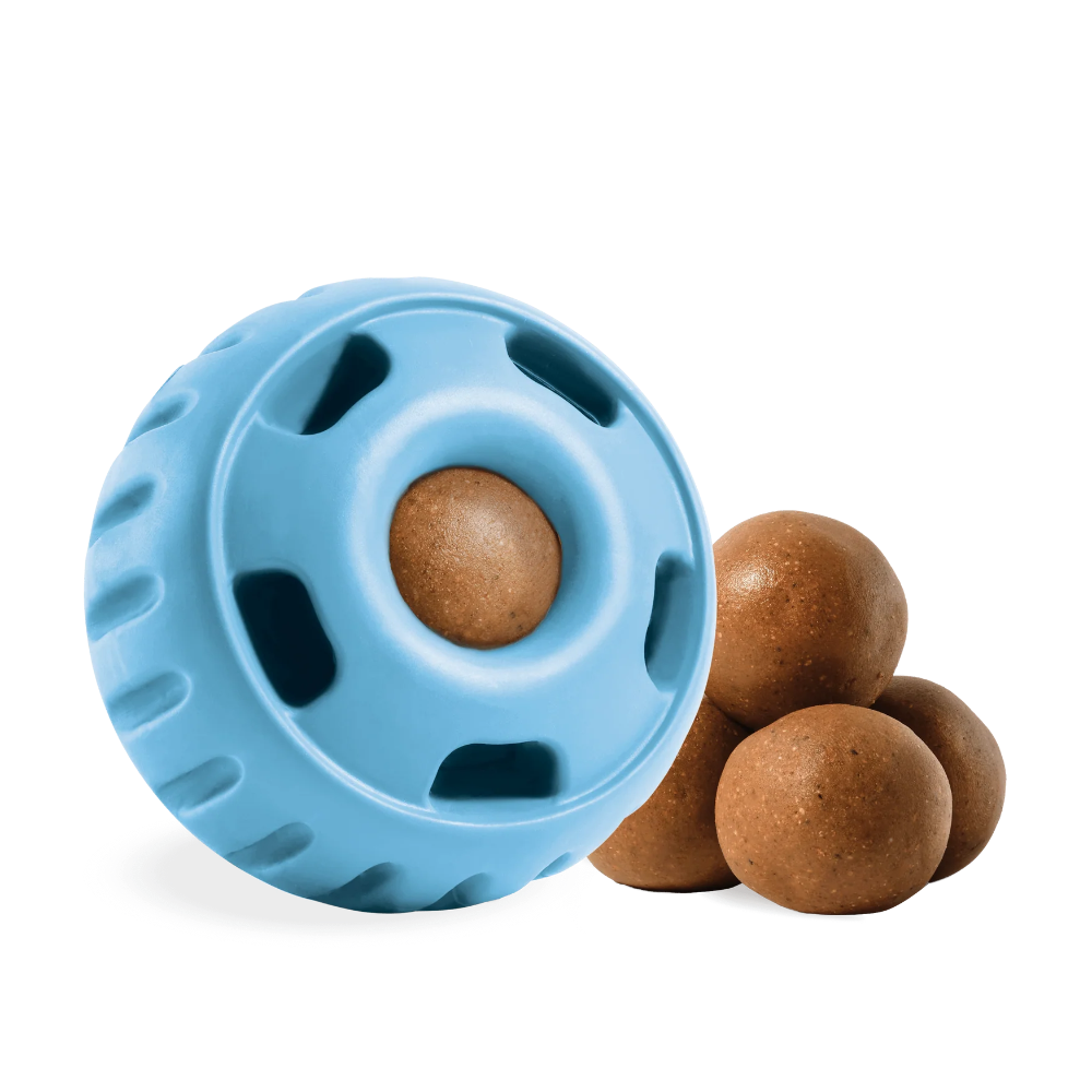  A round blue fillable treat toy with a brown treat inside and 4 brown treat balls beside it