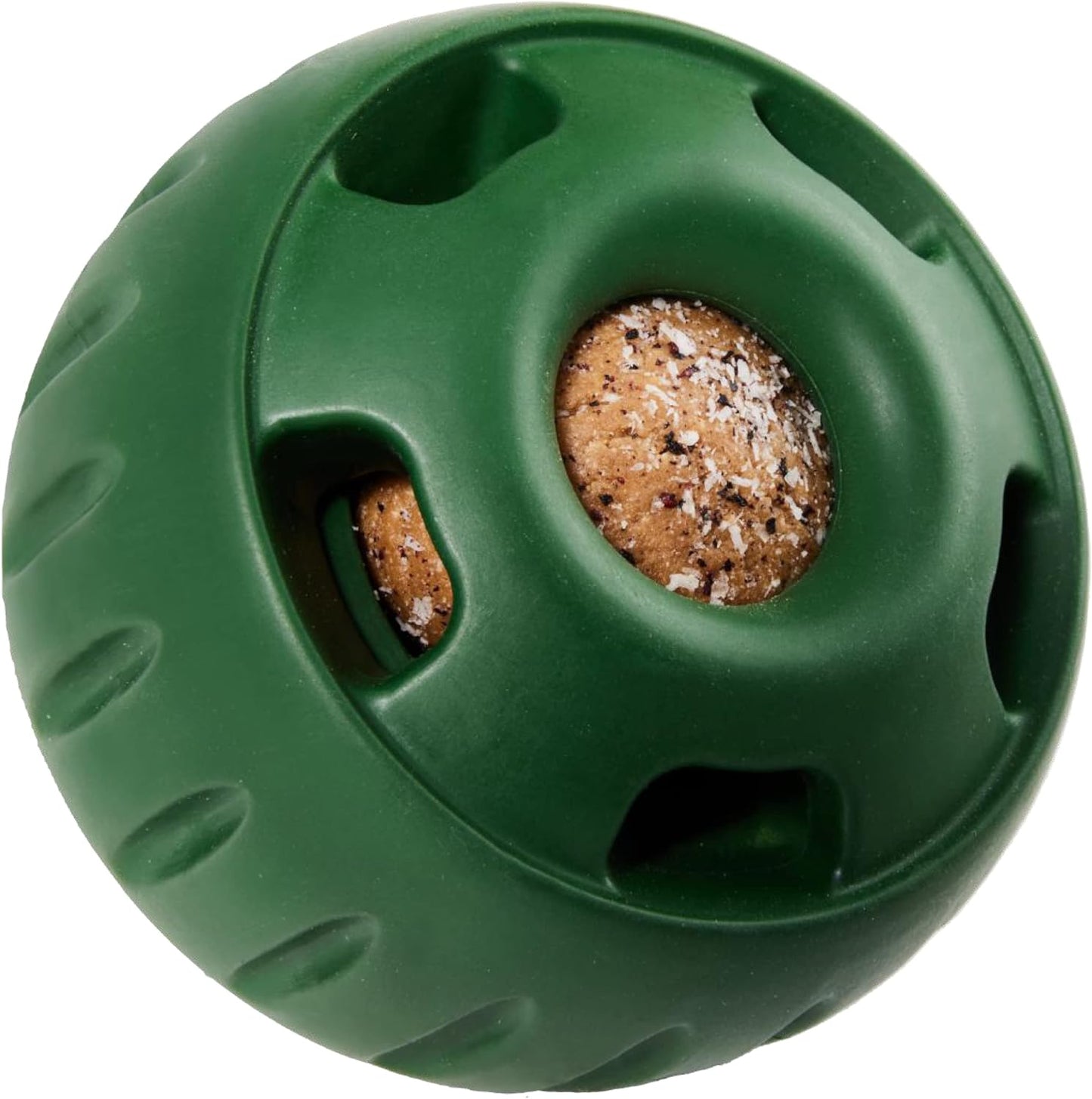 A large green Pupsicle dog toy with a brown treat ball inside 