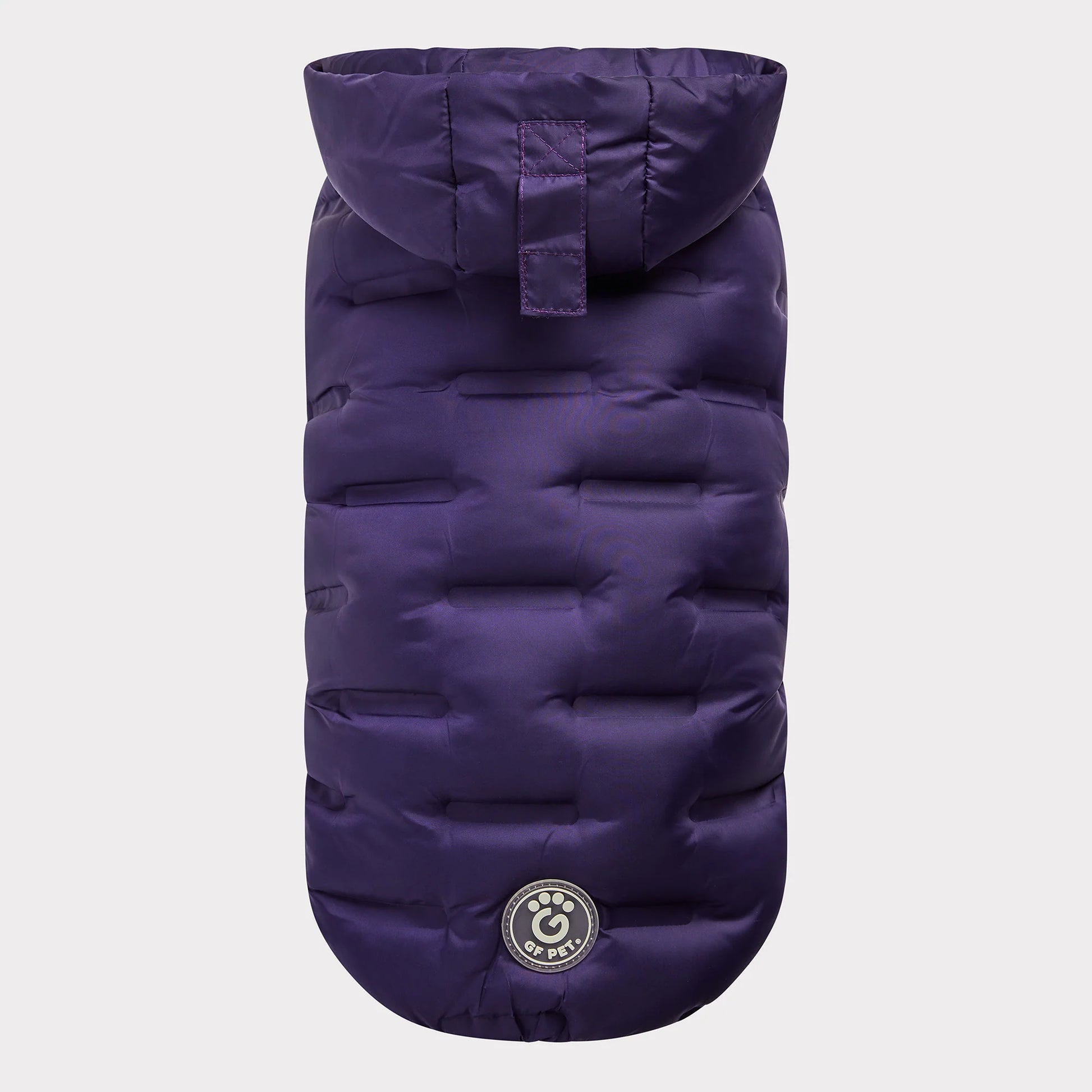 top view of a purple puffer jacket for dogs 