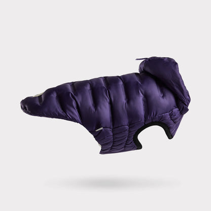 side view of a purple puffer jacket for dogs 