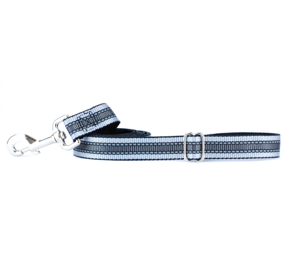 close up of a reflective leash with handle