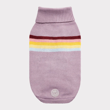 top view of a thistle colored turtleneck sweater with stripes of maroon, pink, gold, yellow and light blue