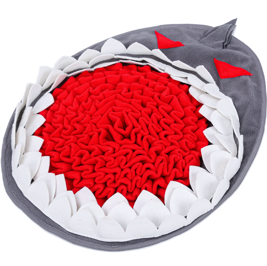 a shark-mouth-shaped grey red and white snuffle mat toy for dogs 