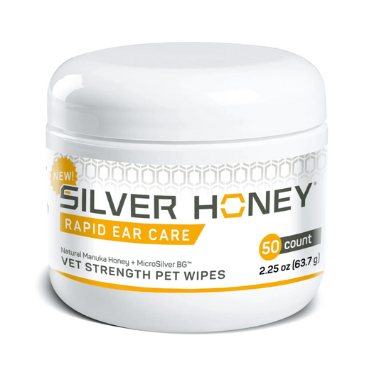 a white rounded container of silver honey rapid ear care wipes for pets