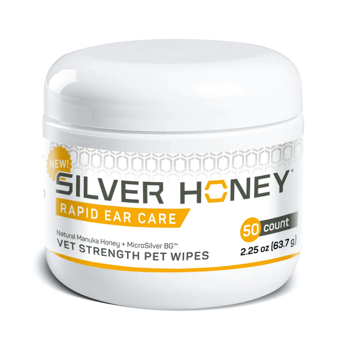 a white rounded container of silver honey rapid ear care wipes for pets