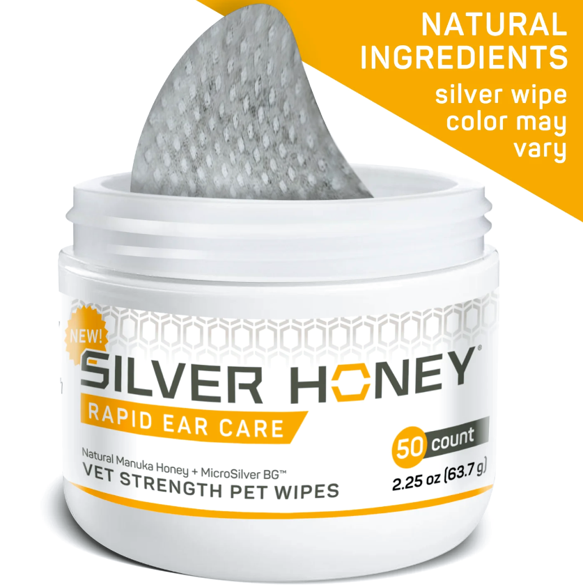 a white rounded container of silver honey rpid ear care pet wipes, open, showing one wipe