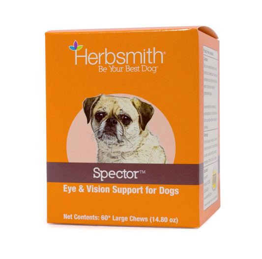 An orange box of Spector eye & vision support supplement for dogs, with a picture of a pug on it 
