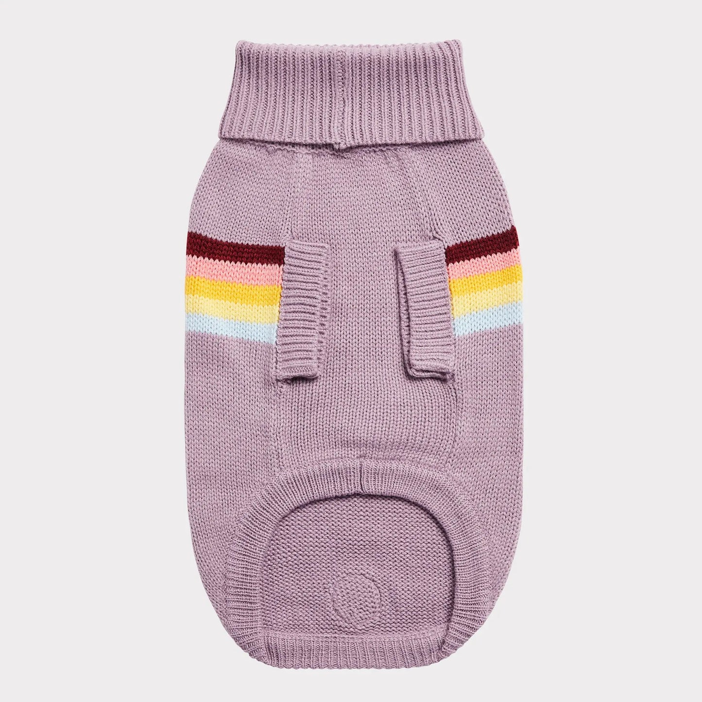 underside view of a thistle colored turtleneck sweater with stripes of maroon, pink, gold, yellow and light blue