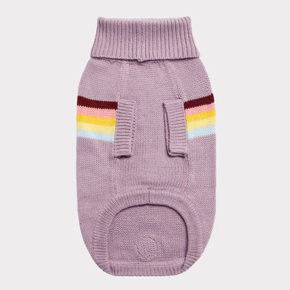 underside view of a thistle colored turtleneck sweater with stripes of maroon, pink, gold, yellow and light blue