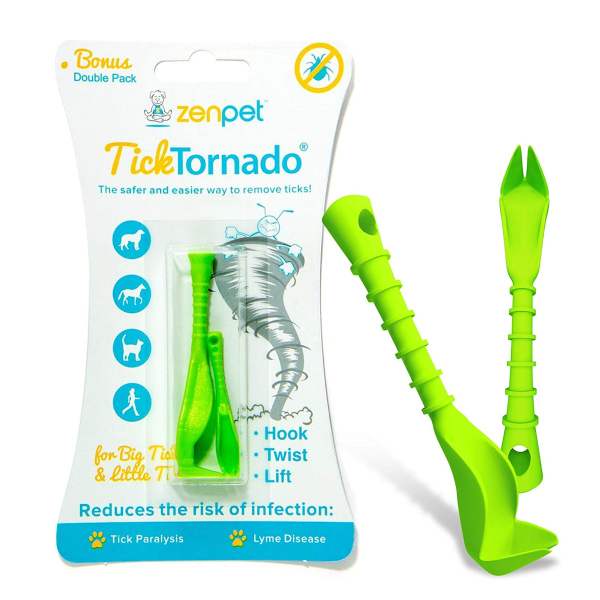 2 green zenpet tick tornado tick removal tools in the package and out of the package  