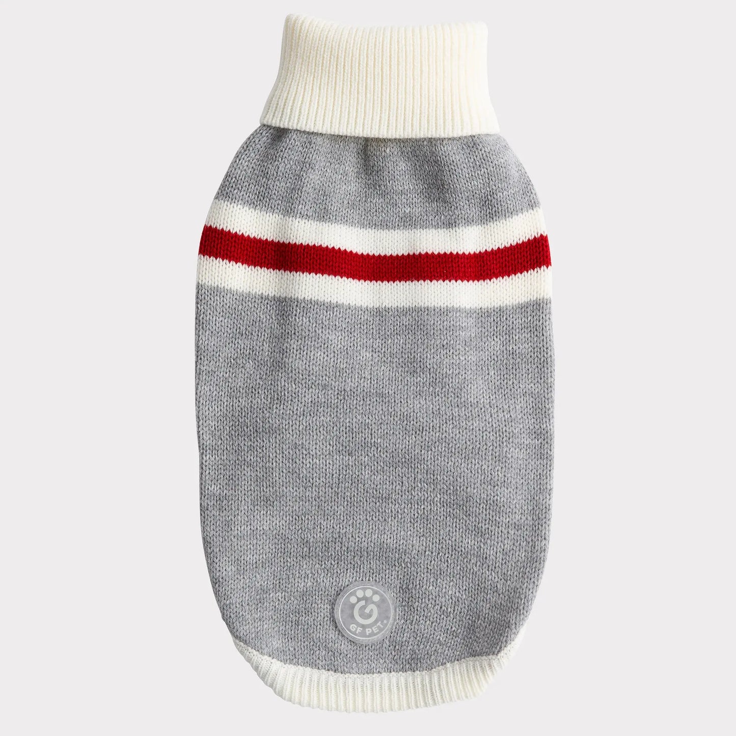 a heathered gray sock monkey-style turtleneck dog sweater with ivory and red stripes