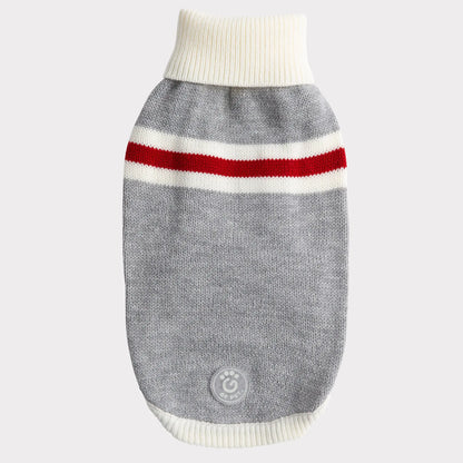 a heathered gray sock monkey-style turtleneck dog sweater with ivory and red stripes