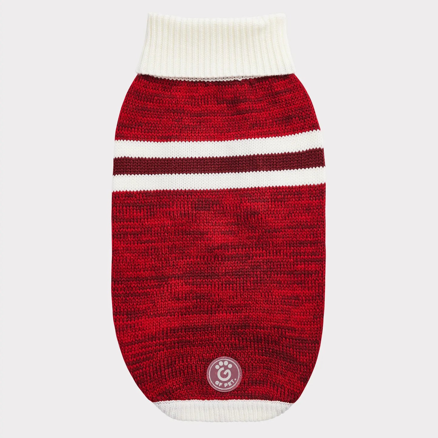 a heathered red sock monkey-style turtleneck dog sweater with ivory and maroon stripes