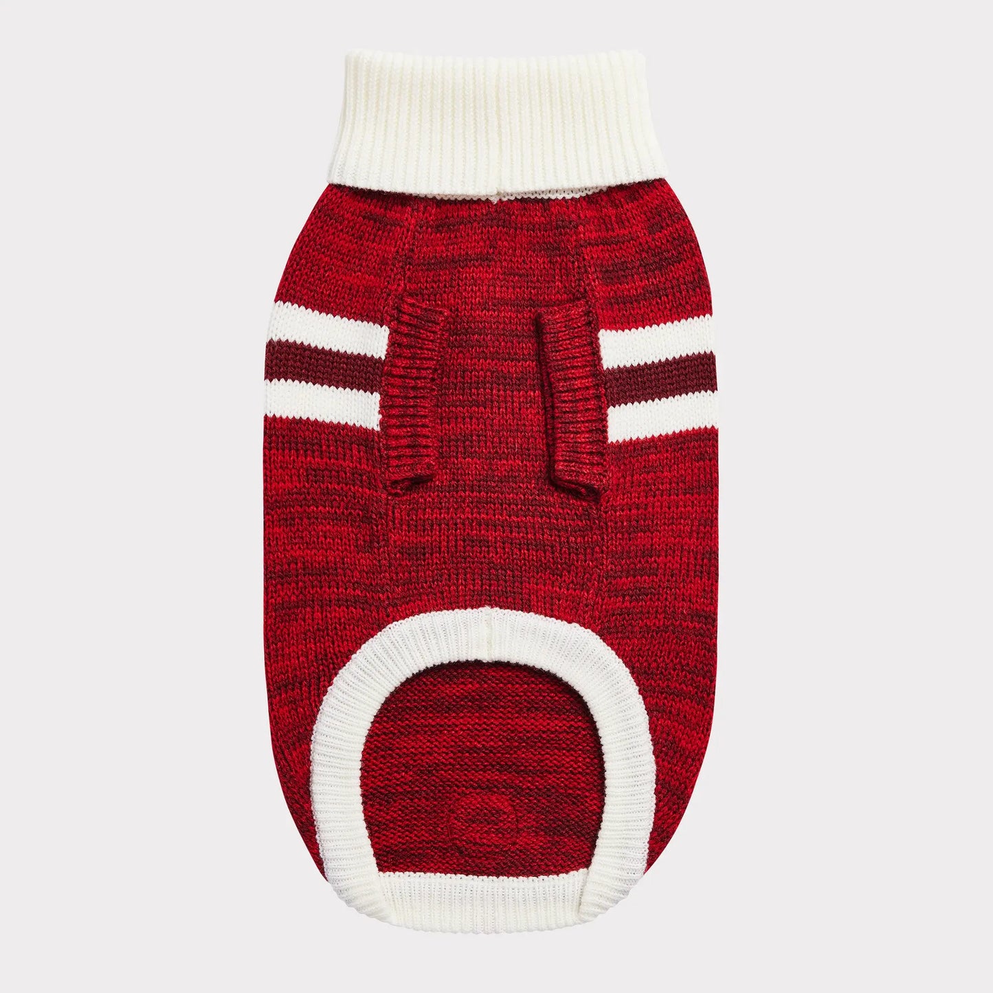 the underside of a heathered red sock monkey-style turtleneck dog sweater with ivory and maroon stripes