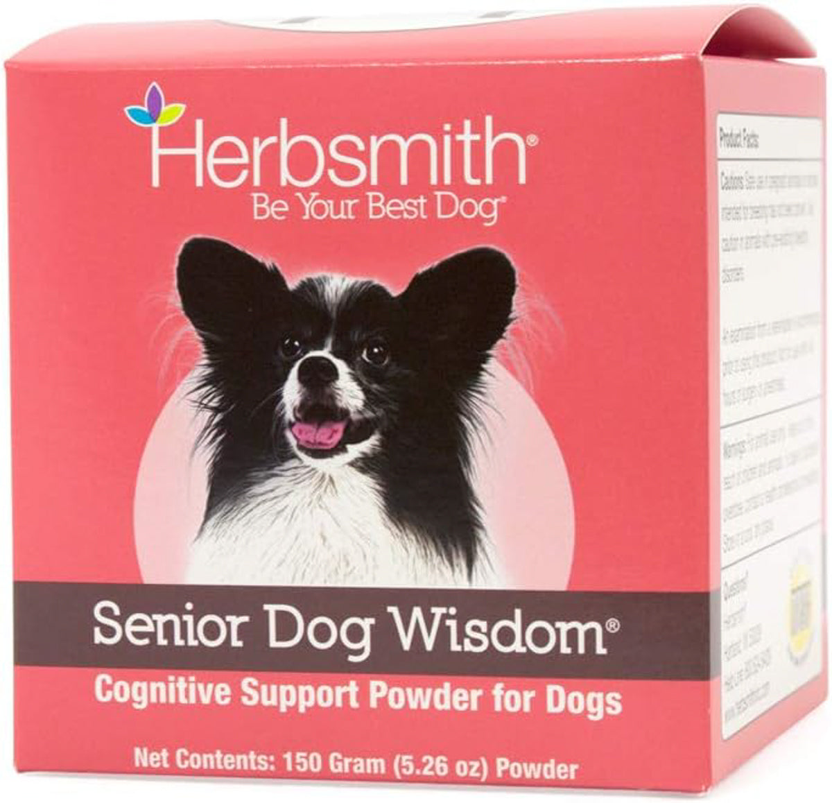 A salmon pink box of Senior Dog Wisdom cognitive support powder for dogs showing a black and white pomeranian dog