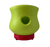 A red rubber ring-shaped stand with a lime green fillable work-to-eat dog toy on it