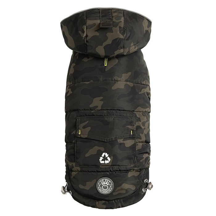 A hooded camo puffer for dogs