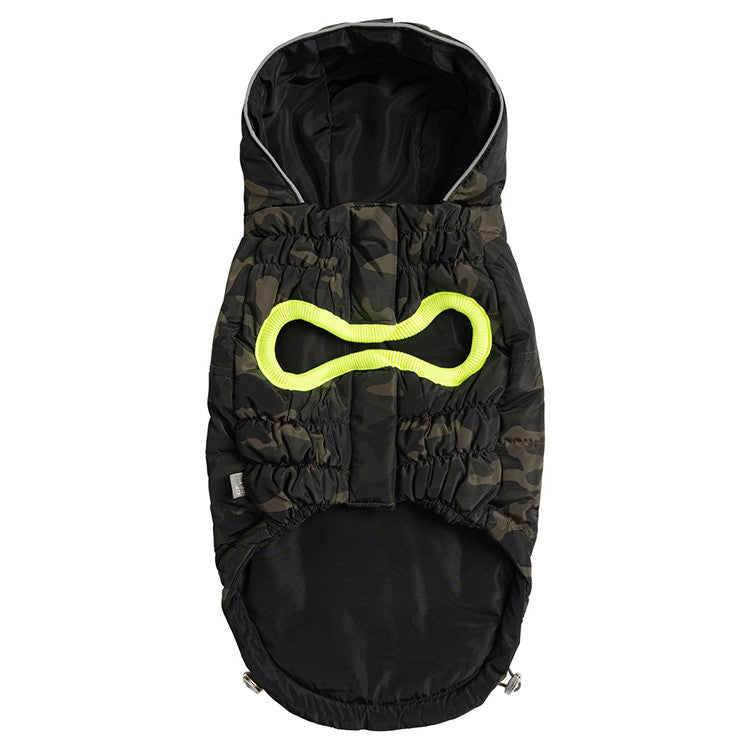 Underside of a hooded camo puffer for dogs