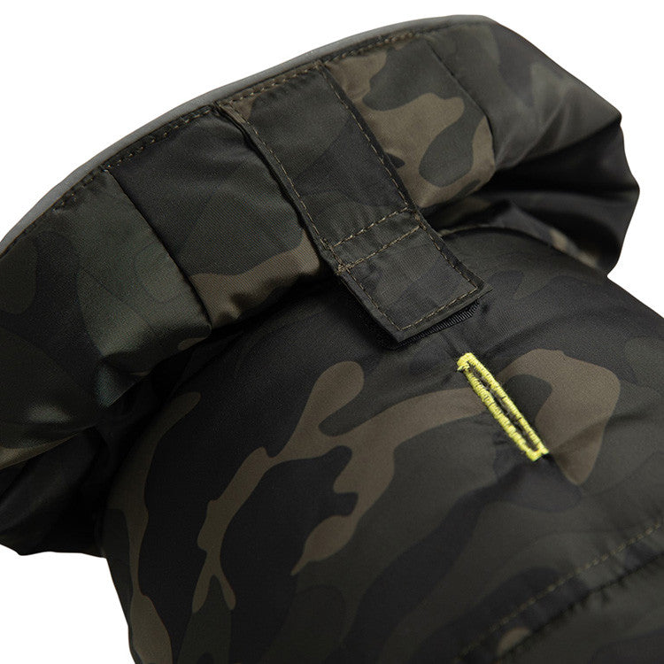 Closeup of a hooded Camo Puffer for dogs