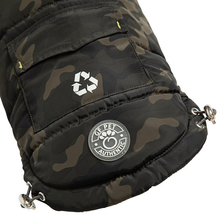 Closeup of the back edge of a hooded camo puffer for dogs
