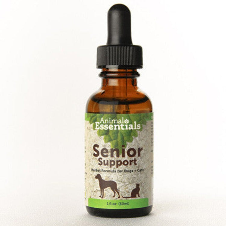 A brown glass dropper bottle of Senior Support supplement for dogs