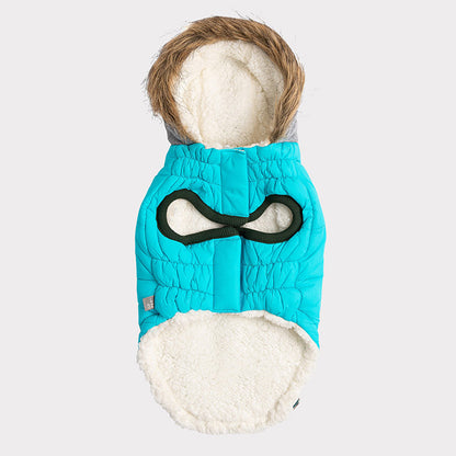 underside of an aqua and grey hooded winter parka for dogs