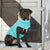 a large black mastiff dog wearing an aqua and grey hooded hooded parka while sitting outside