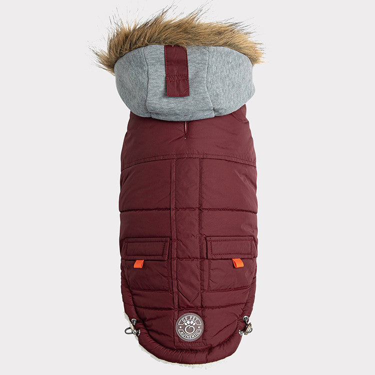 a burgundy and grey hooded parka for dogs