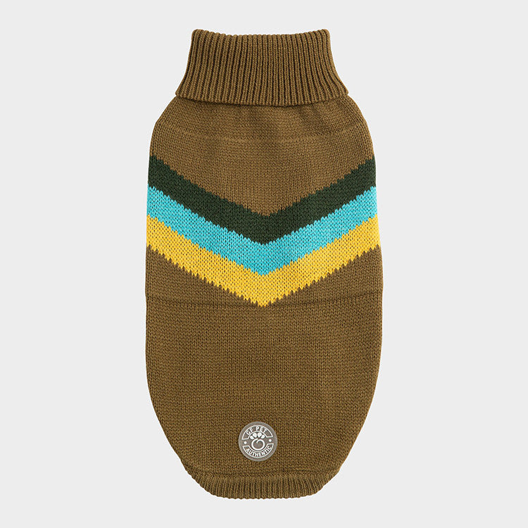 An Olive green  dog sweater with colorful chevron