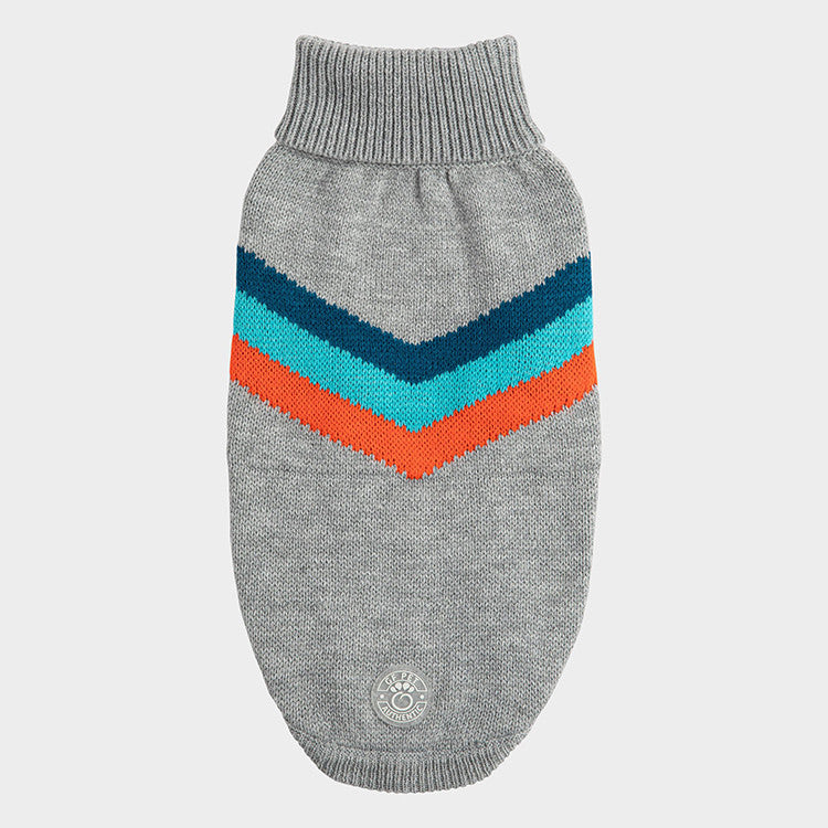 A grey sweater for dogs with colorful chevron 