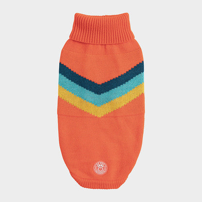 An orange sweater for dogs with colorful chevron