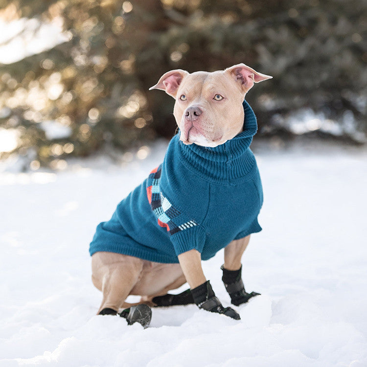 a tan pit bull type dog wearing a dark blue sweater and black booties sitting in the snow