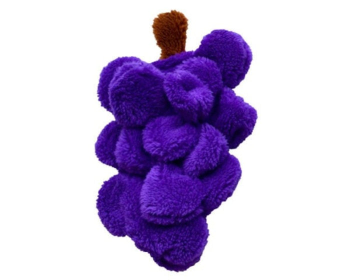 a purple grape shaped plush dog toy