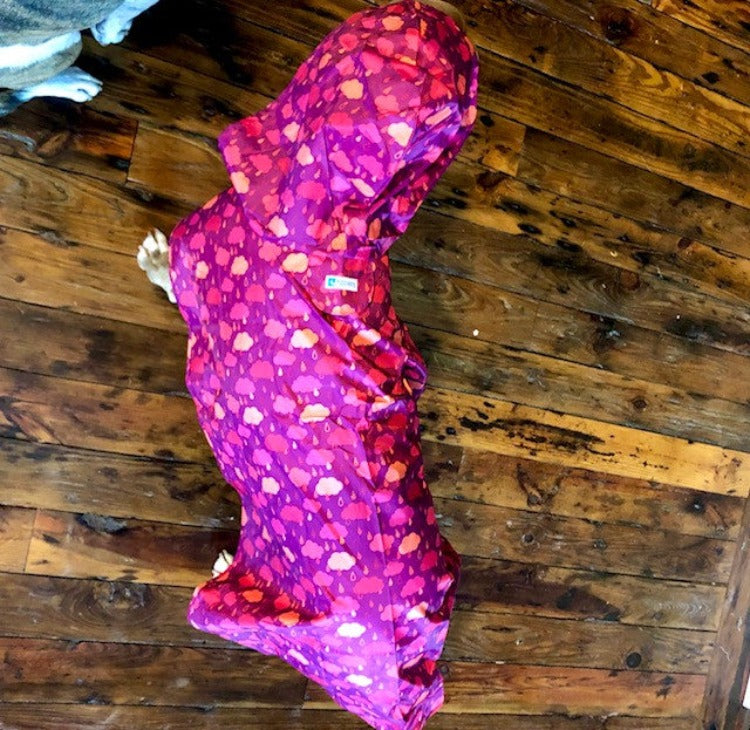 Top view of a dog wearing a fuchsia rain poncho with rain clouds on it, standing on a hardwood floor
