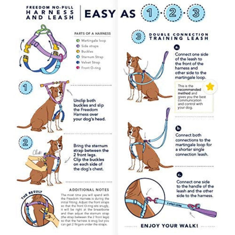 Freedom No-Pull Harness fitting instructions featuring several drawings of a brown and white pit bull type dog getting fitted