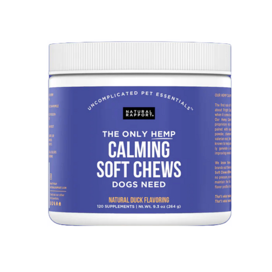 a purple and white jar of calming soft chews