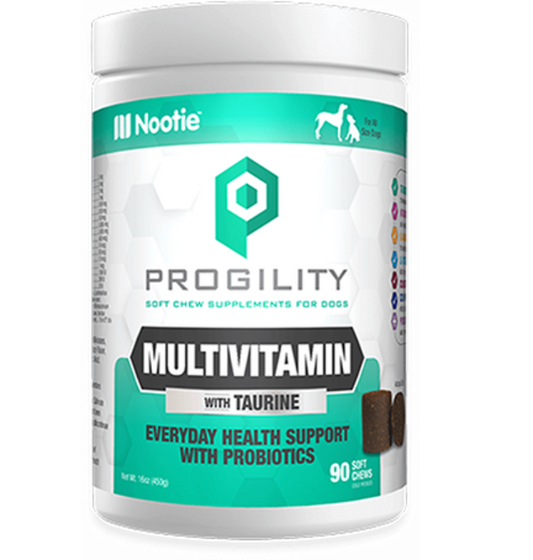 A white and aqua container of multivitamin soft chews for dogs