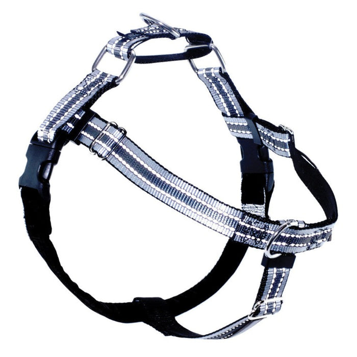 A black reflective dog harness