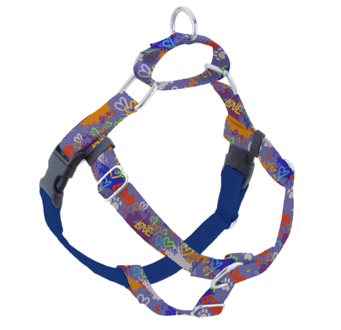 Blue dog harness with colorful Love graffiti print
