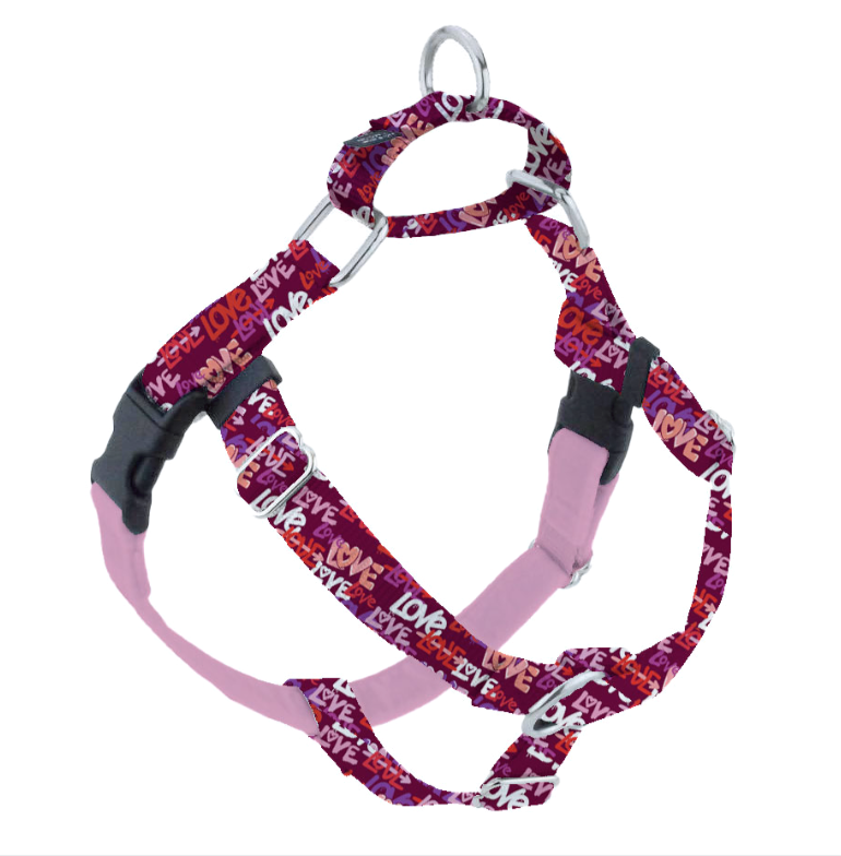 Pink & red dog harness with colorful Love graffiti print
