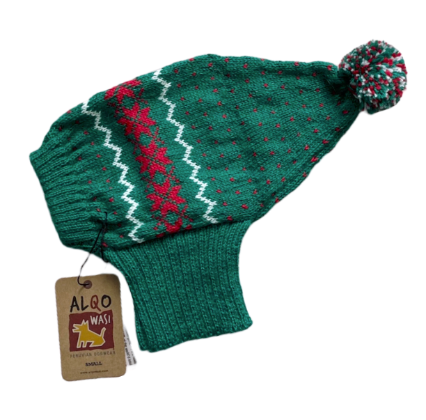 green red and white knitted dog hat with pom pom 