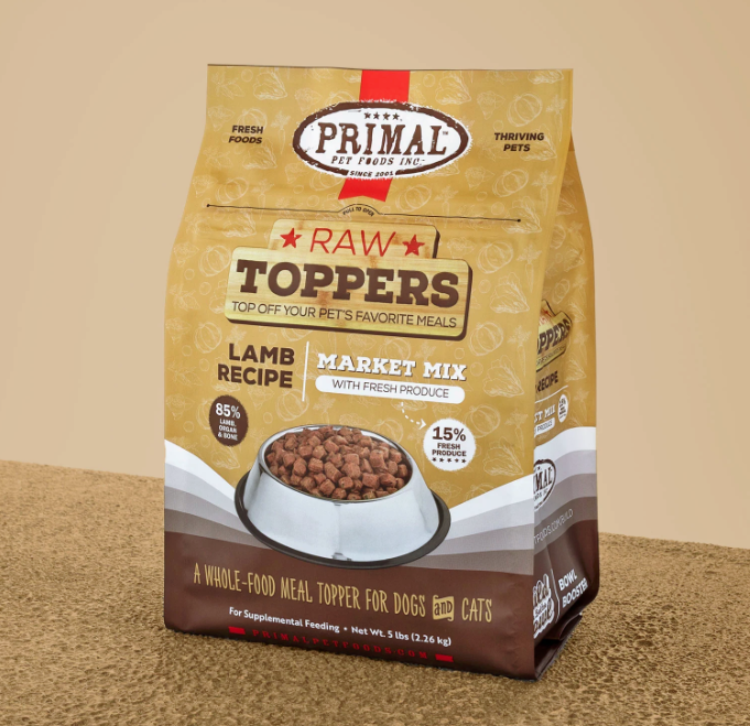 a brown bag of raw lamb dog food toppers