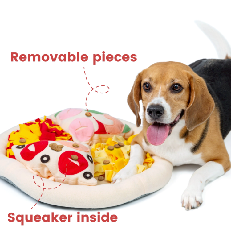 a beagle with a pizza shaped snuffle mat