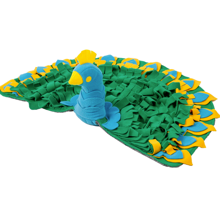 a blue and yellow peacock shaped snuffle mat