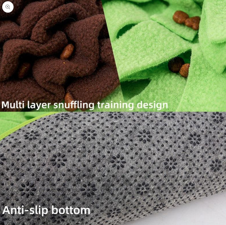 close up of green and brown felt avocado snuffle mat and close up of the grey underside of the mat